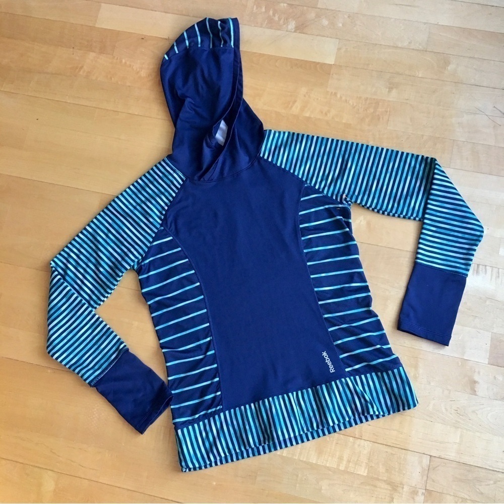 Reebok Striped Performance, Fleece Lined Hoodie, Navy Blue, Green, Size M